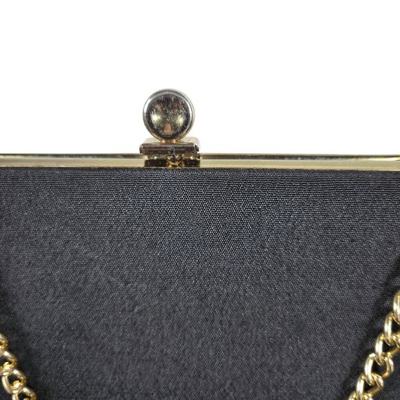 Vintage Evening Bag Clutch Purse Black Satin Gold Chain Kiss Lock Small Formal - Picture 3 of 12